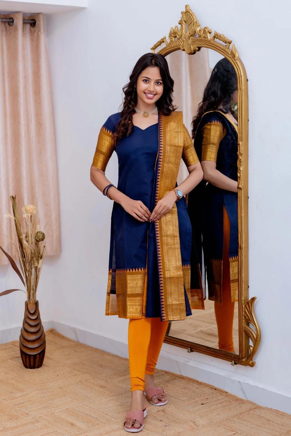 Blue Elegant Kanchi Cotton V-Neck Kurti With Dupatta