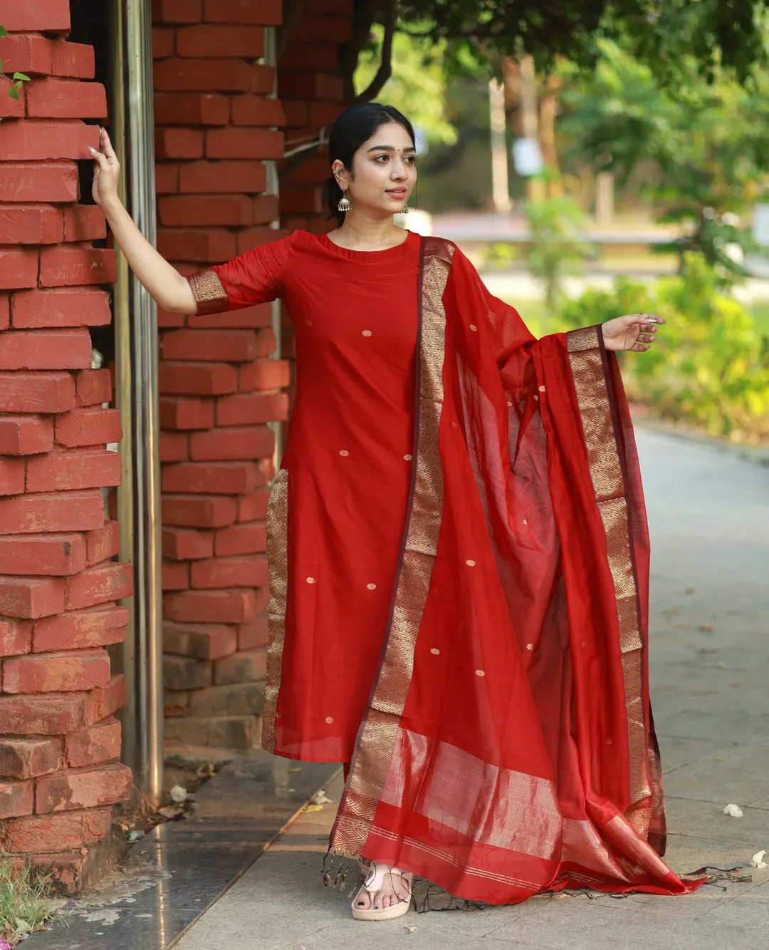 Nayantara Elegant Straight Kanchi Cotton Red Kurti With Dupatta