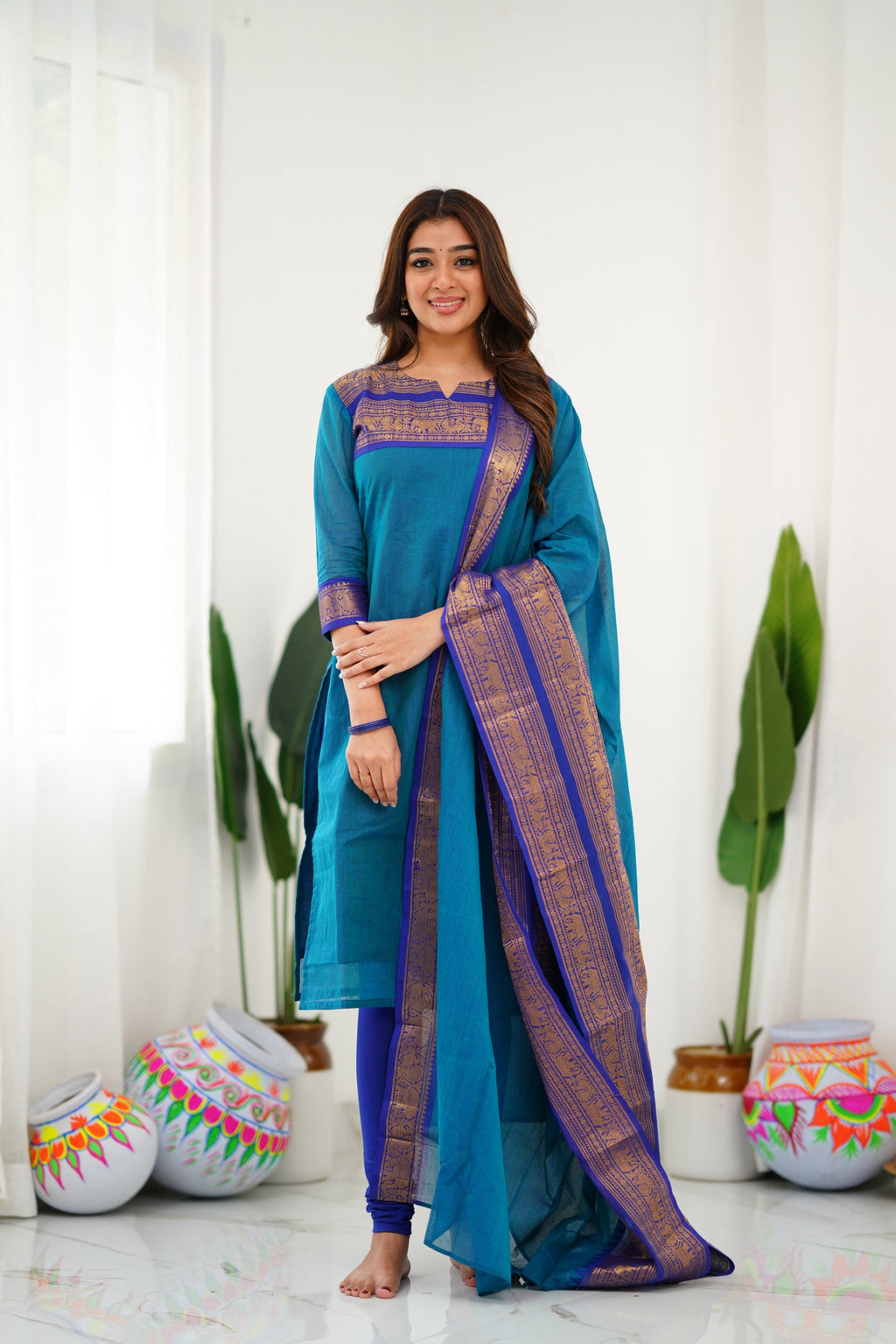 Meera Elegant Kanchi Cotton V-Neck Sky Blue Kurti With Dupatta