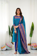 Meera Elegant Kanchi Cotton V-Neck Sky Blue Kurti With Dupatta