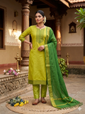 Fancy Kanchi Cotton Zari Work Lemon & Olive Kurti Set