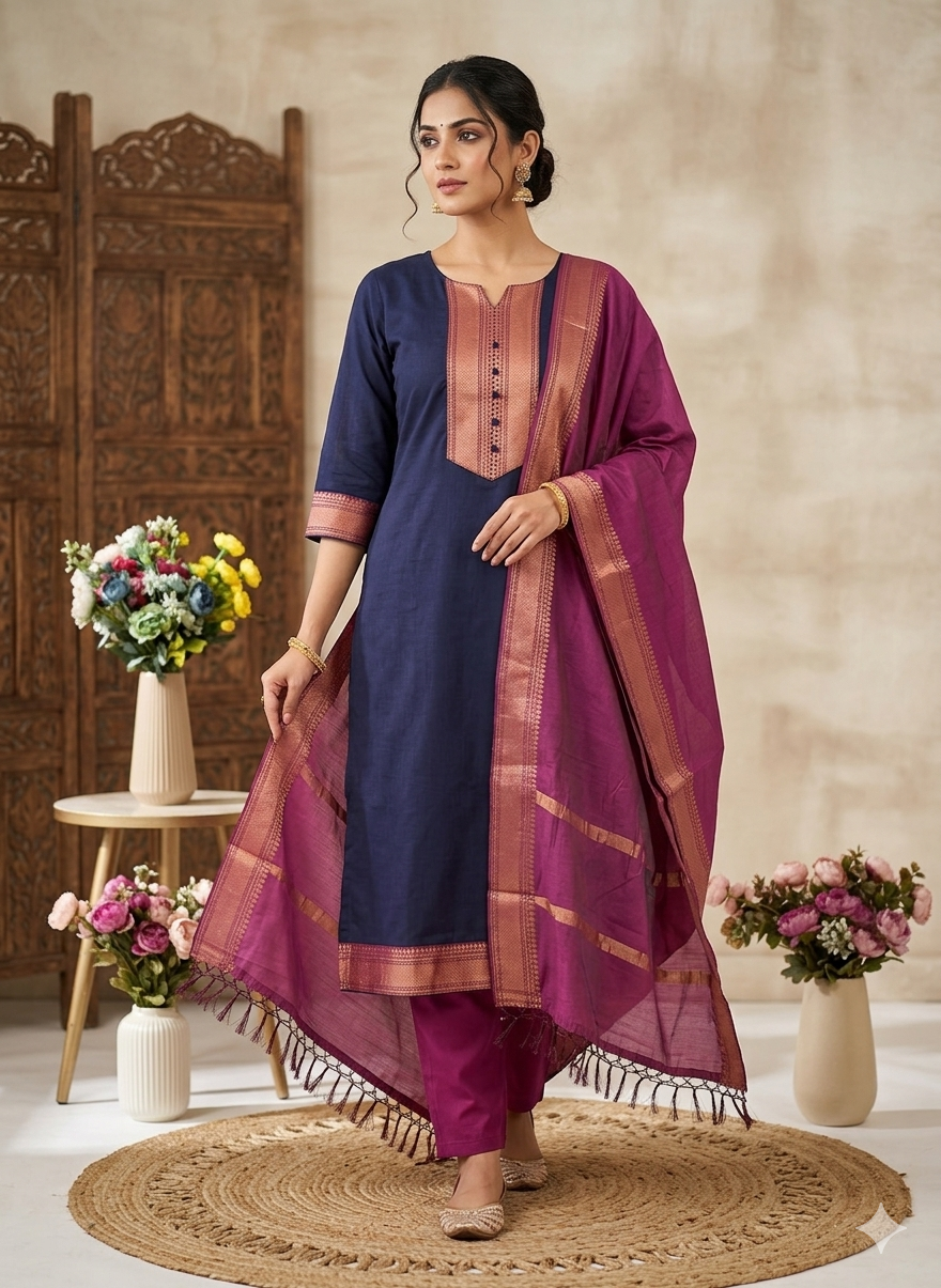 Fancy Kanchi Cotton Zari Work Blue & Pink Kurti Set