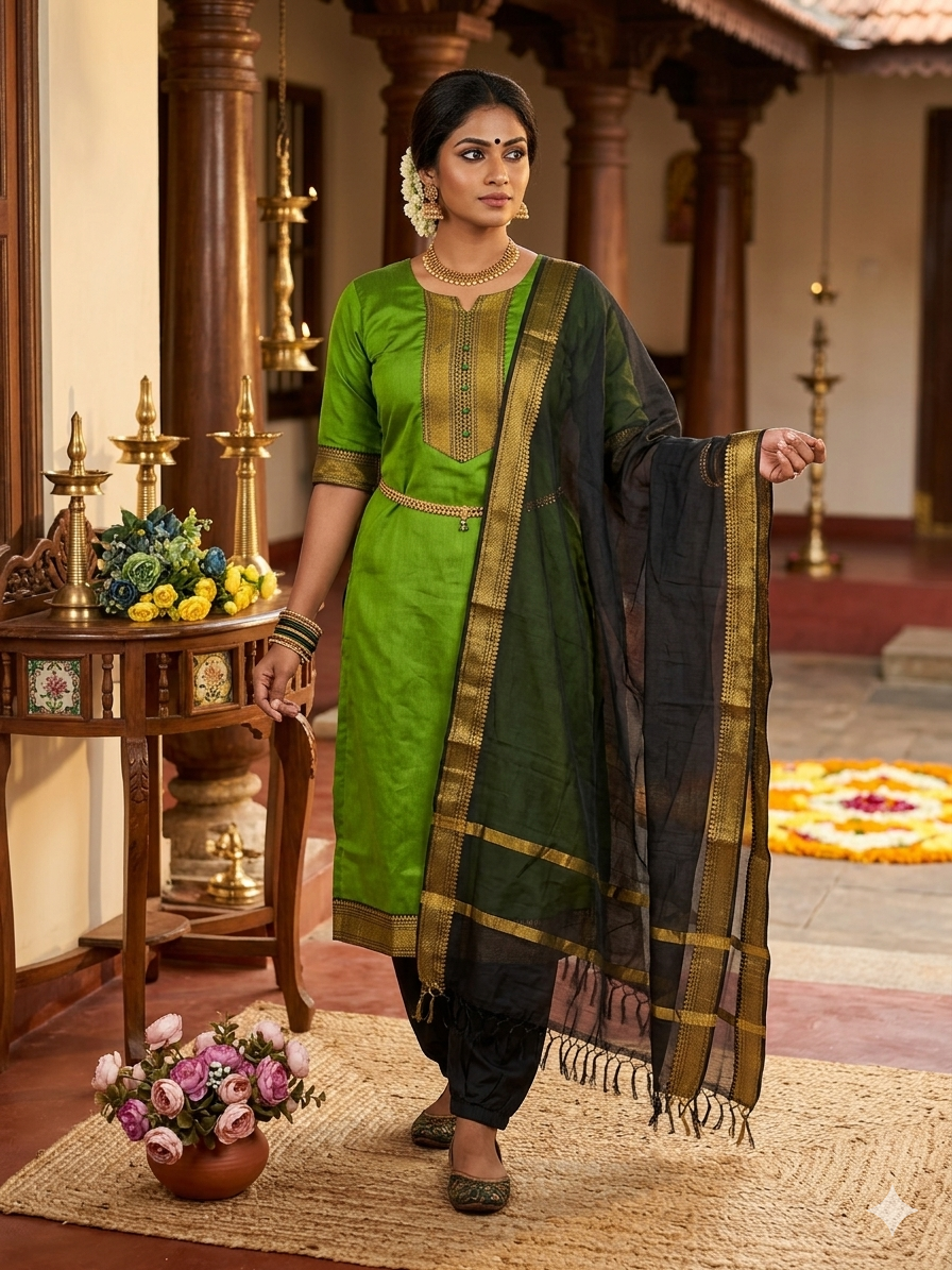 Fancy Kanchi Cotton Zari Work Olive & Black Kurti Set