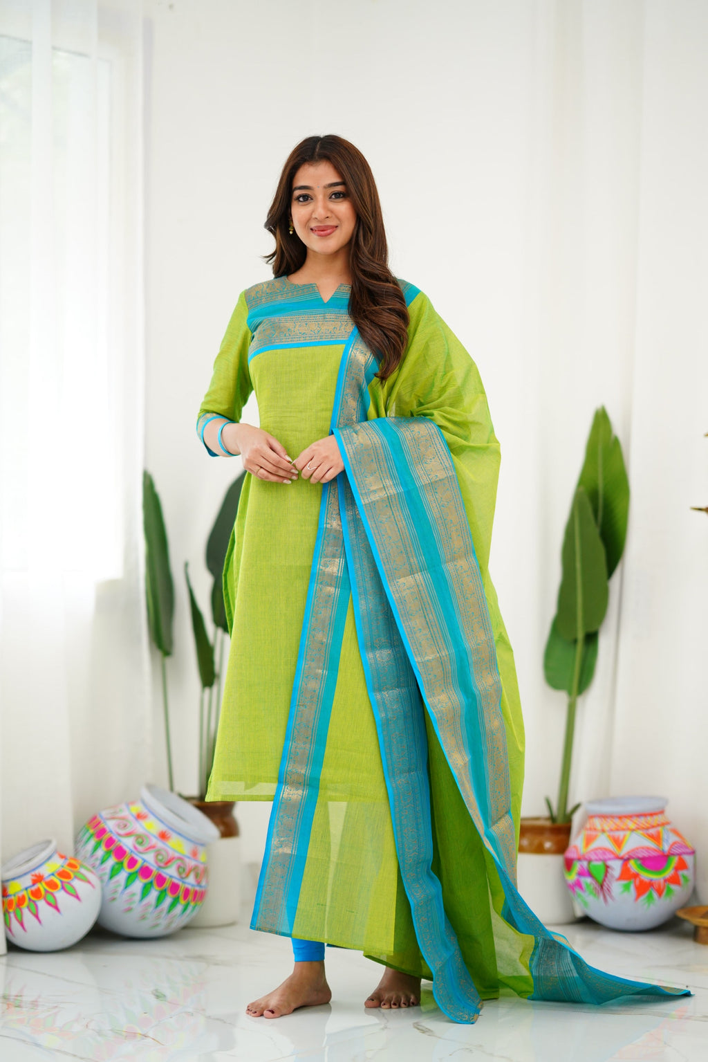 Meera Elegant Kanchi Cotton V-Neck Light Green Kurti With Dupatta