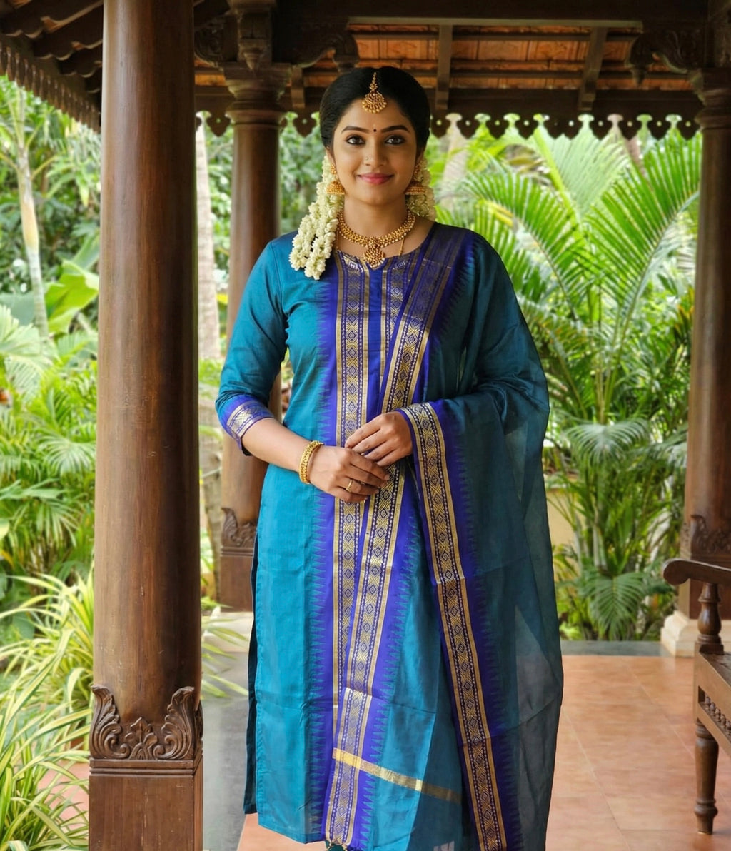 Elegant Straight Kanchi Cotton Sky Blue Kurti With Dupatta