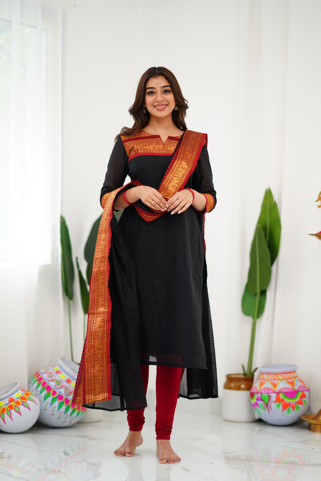 Meera Elegant Kanchi Cotton V-Neck Black Kurti With Dupatta