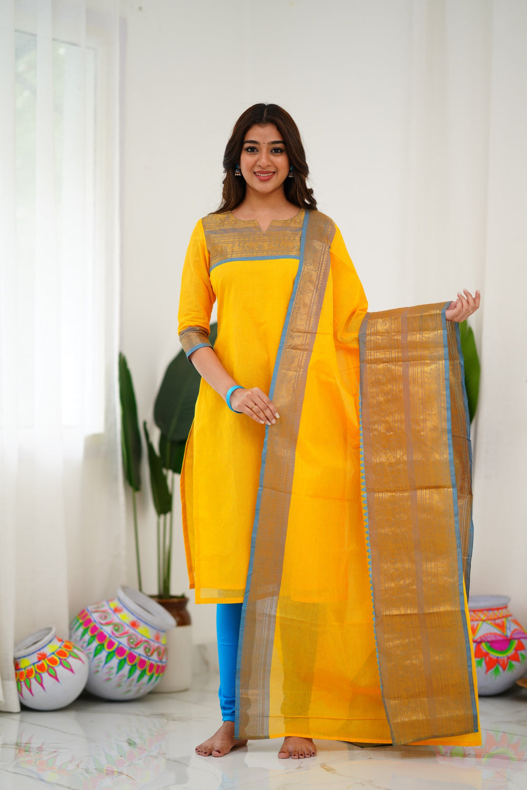 Meera Elegant Kanchi Cotton V-Neck Yellow Kurti With Dupatta