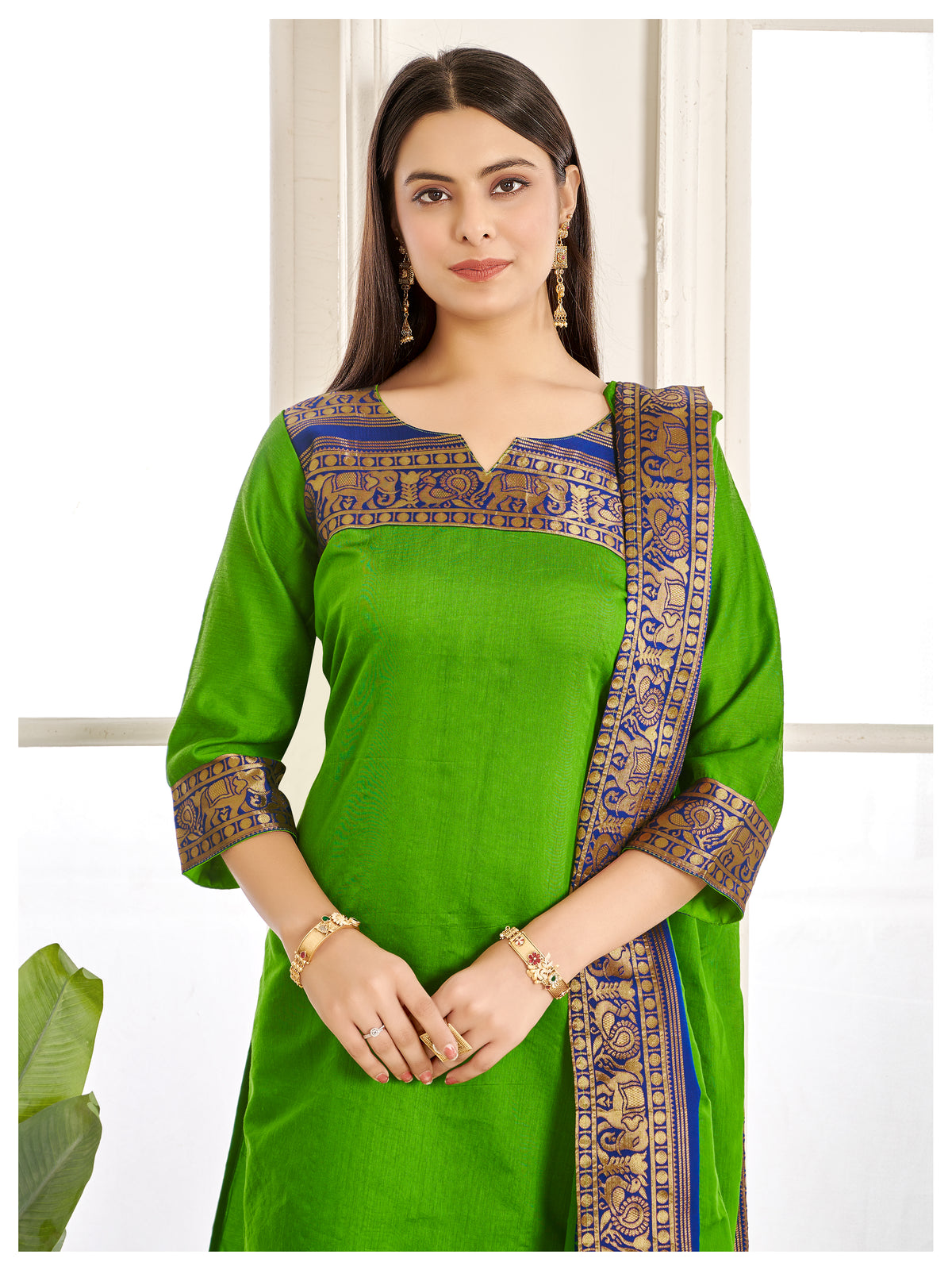 Meera Elegant Kanchi Cotton V-Neck Olive Green Kurti With Dupatta