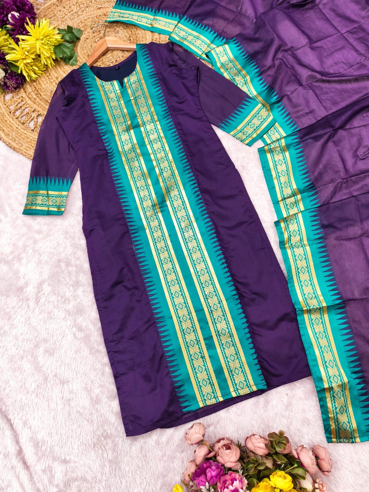 Elegant Straight Kanchi Cotton Violet Kurti With Dupatta