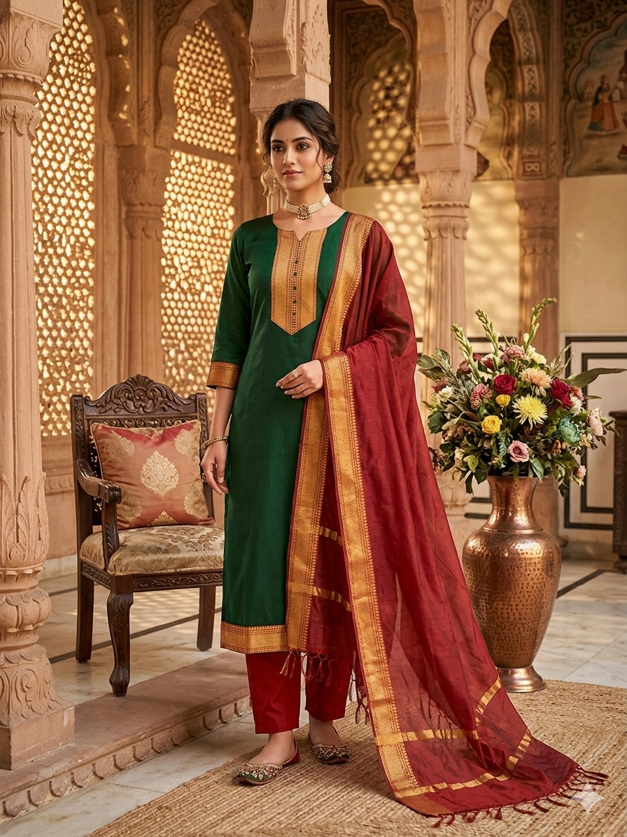Fancy Kanchi Cotton Zari Work Green & Red Kurti Set