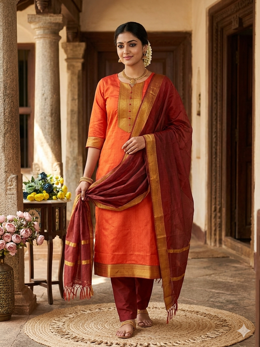 Fancy Kanchi Cotton Zari Work Orange & Red Kurti Set