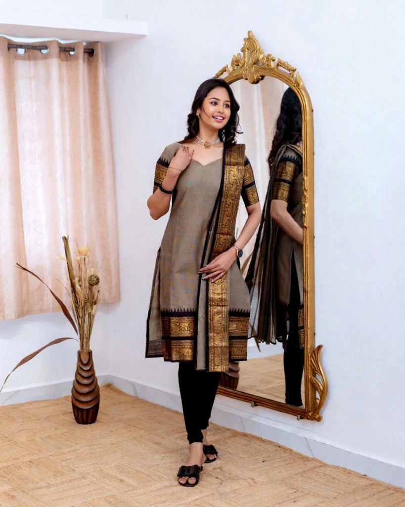 Cream Elegant Kanchi Cotton V-Neck Kurti With Dupatta