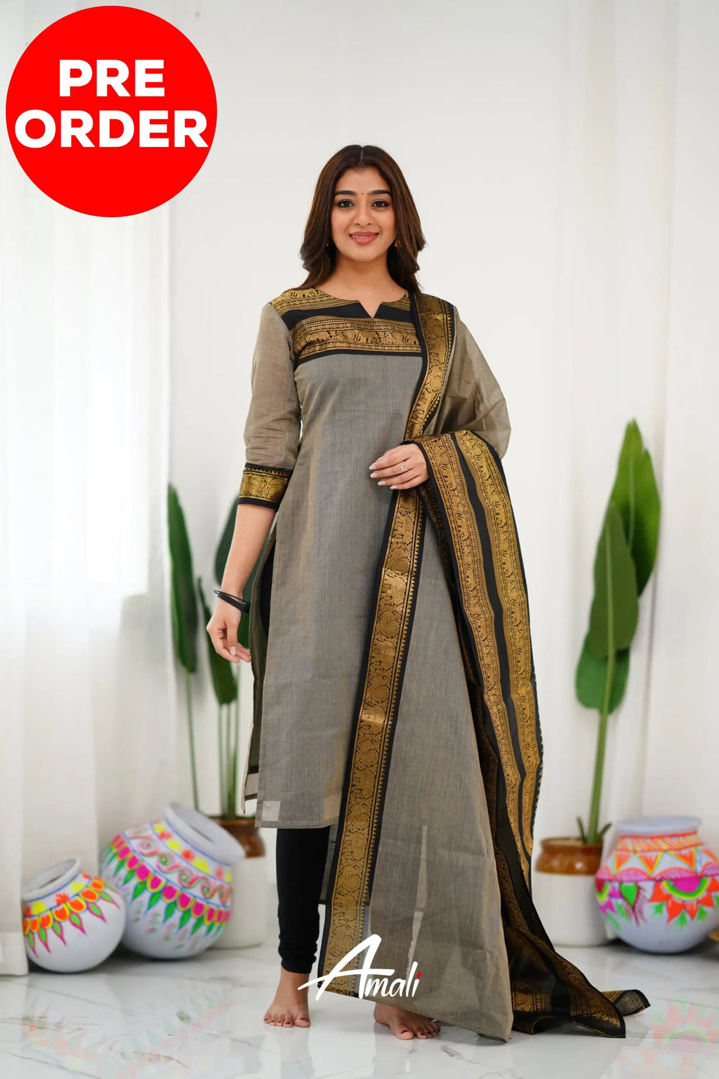 Meera Elegant Kanchi Cotton V-Neck Cream Kurti With Dupatta