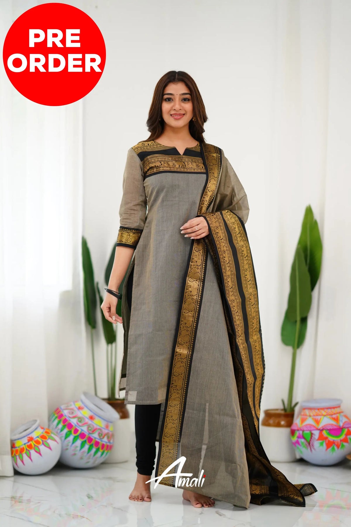 Meera Elegant Kanchi Cotton V-Neck Cream Kurti With Dupatta