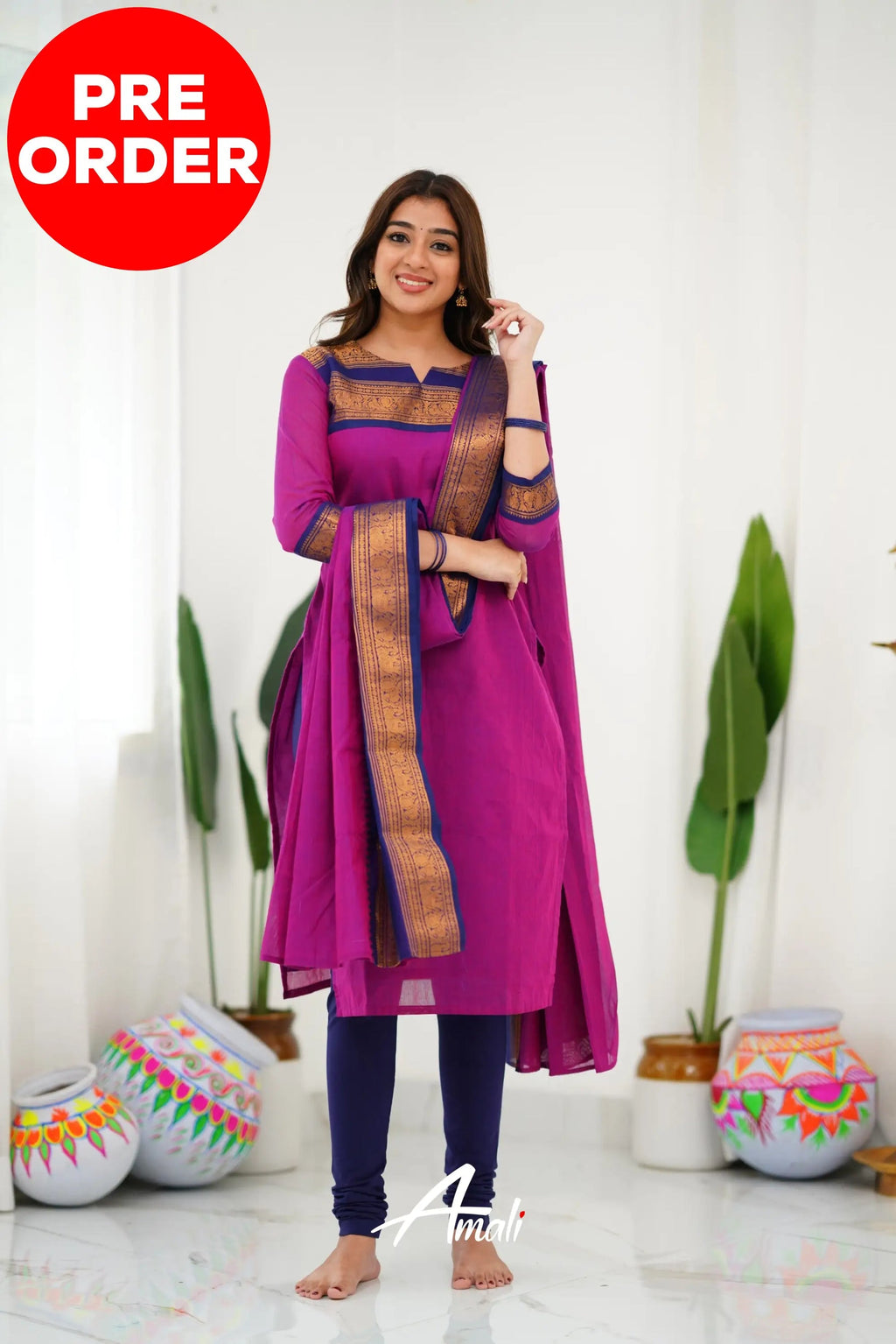 Meera Elegant Kanchi Cotton V-Neck Pink Kurti With Dupatta