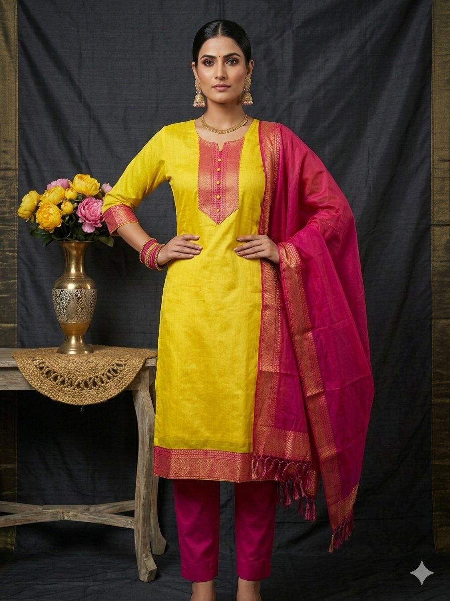 Fancy Kanchi Cotton Zari Work Lemon & Pink Kurti Set