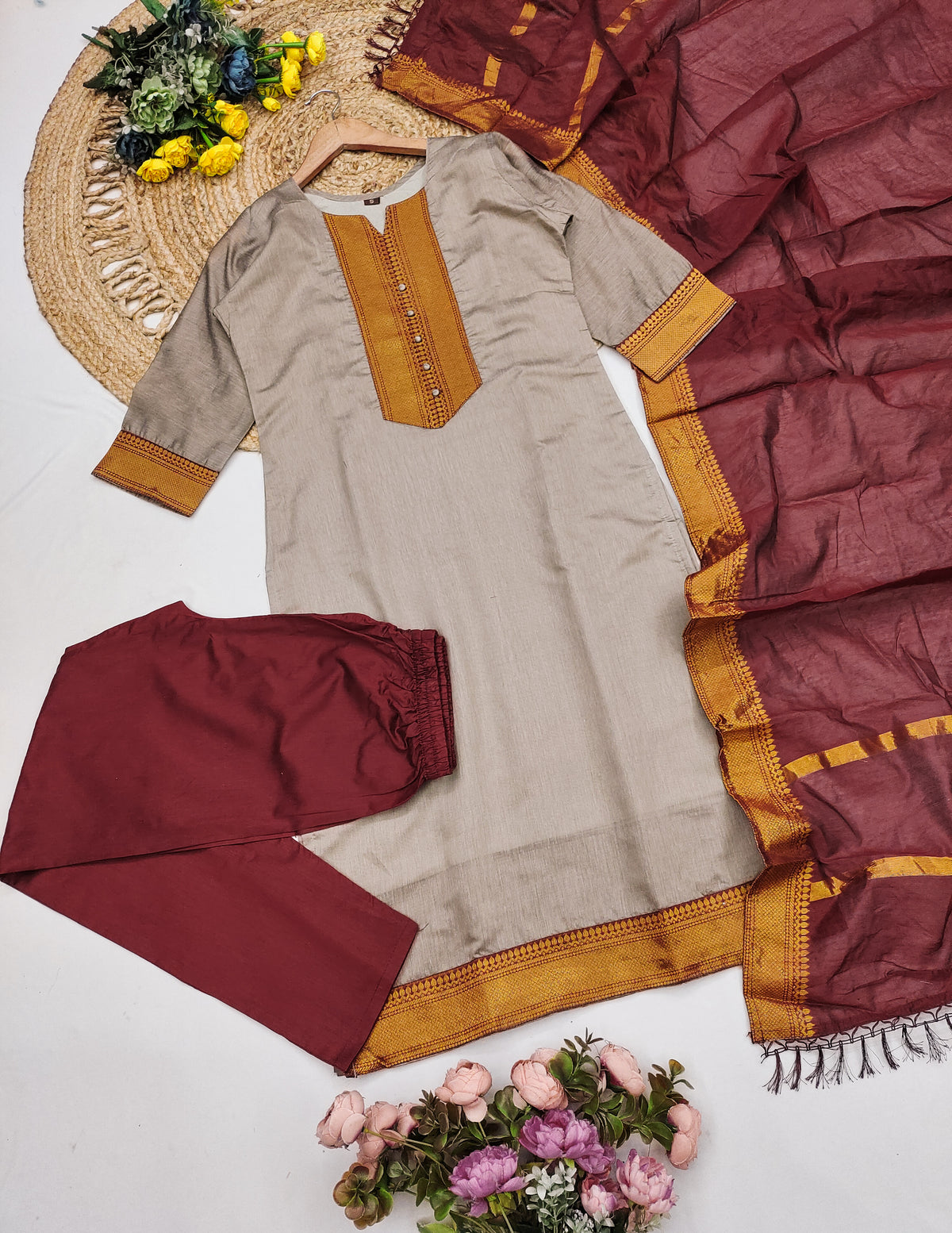 Fancy Kanchi Cotton Zari Work Standard Brown & Maroon Kurti Set