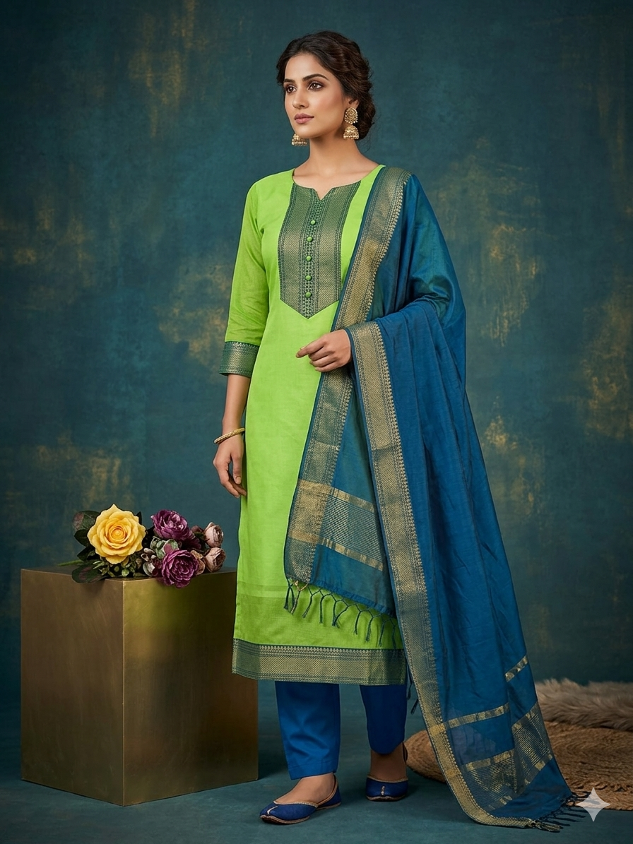 Fancy Kanchi Cotton Zari Work Pista Kurti Set
