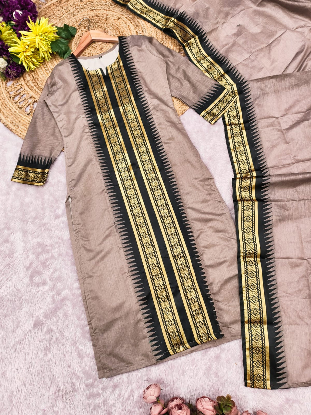 Elegant Straight Kanchi Cotton Standard Brown Kurti With Dupatta