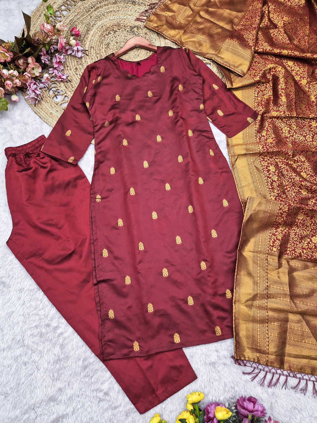 Premium Blended Silk Zari Work Red Kurti Set