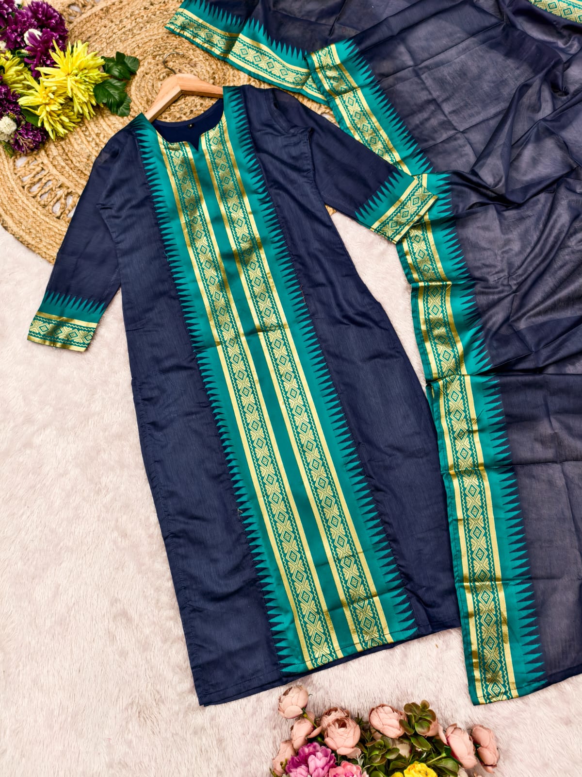 Elegant Straight Kanchi Cotton Blue Kurti With Dupatta