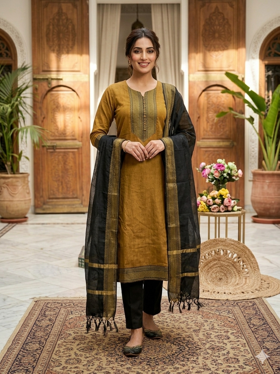 Fancy Kanchi Cotton Zari Work Musterd & Black Kurti Set