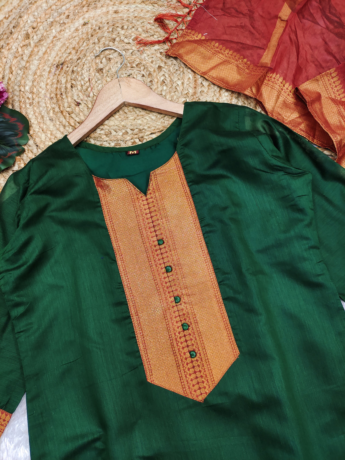 Fancy Kanchi Cotton Zari Work Green & Red Kurti Set