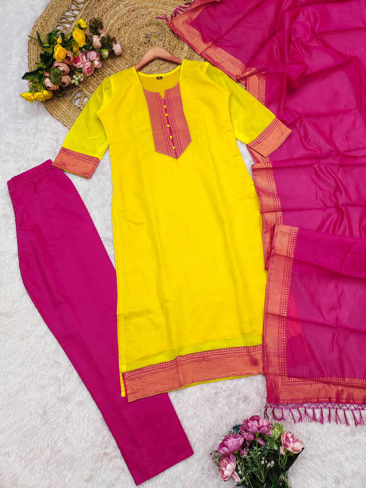Fancy Kanchi Cotton Zari Work Lemon & Pink Kurti Set