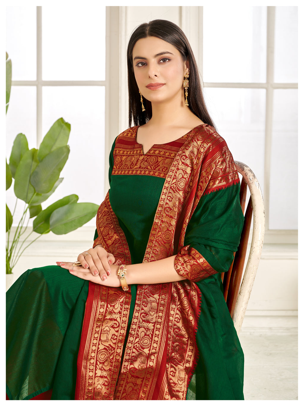 Meera Elegant Kanchi Cotton V-Neck Green Kurti With Dupatta