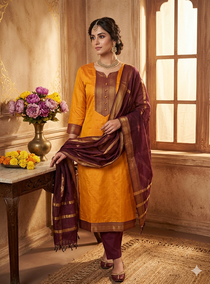 Fancy Kanchi Cotton Zari Work Gold & Maroon Kurti Set