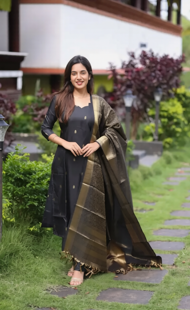 Premium Blended Silk Zari Work Black Kurti Set