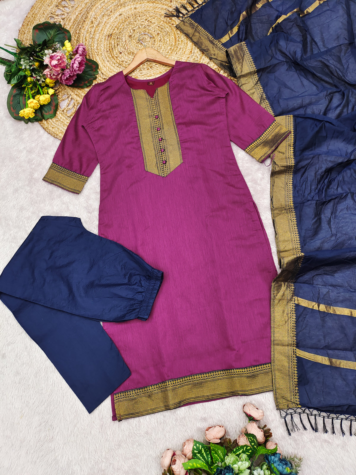 Fancy Kanchi Cotton Zari Work Pink & Blue Kurti Set