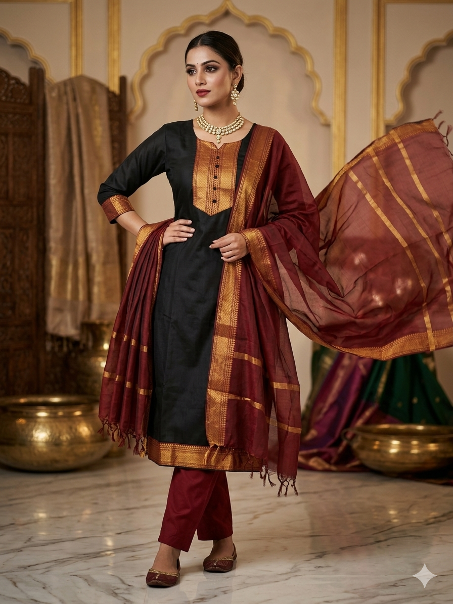 Fancy Kanchi Cotton Zari Work Black & Red Kurti Set