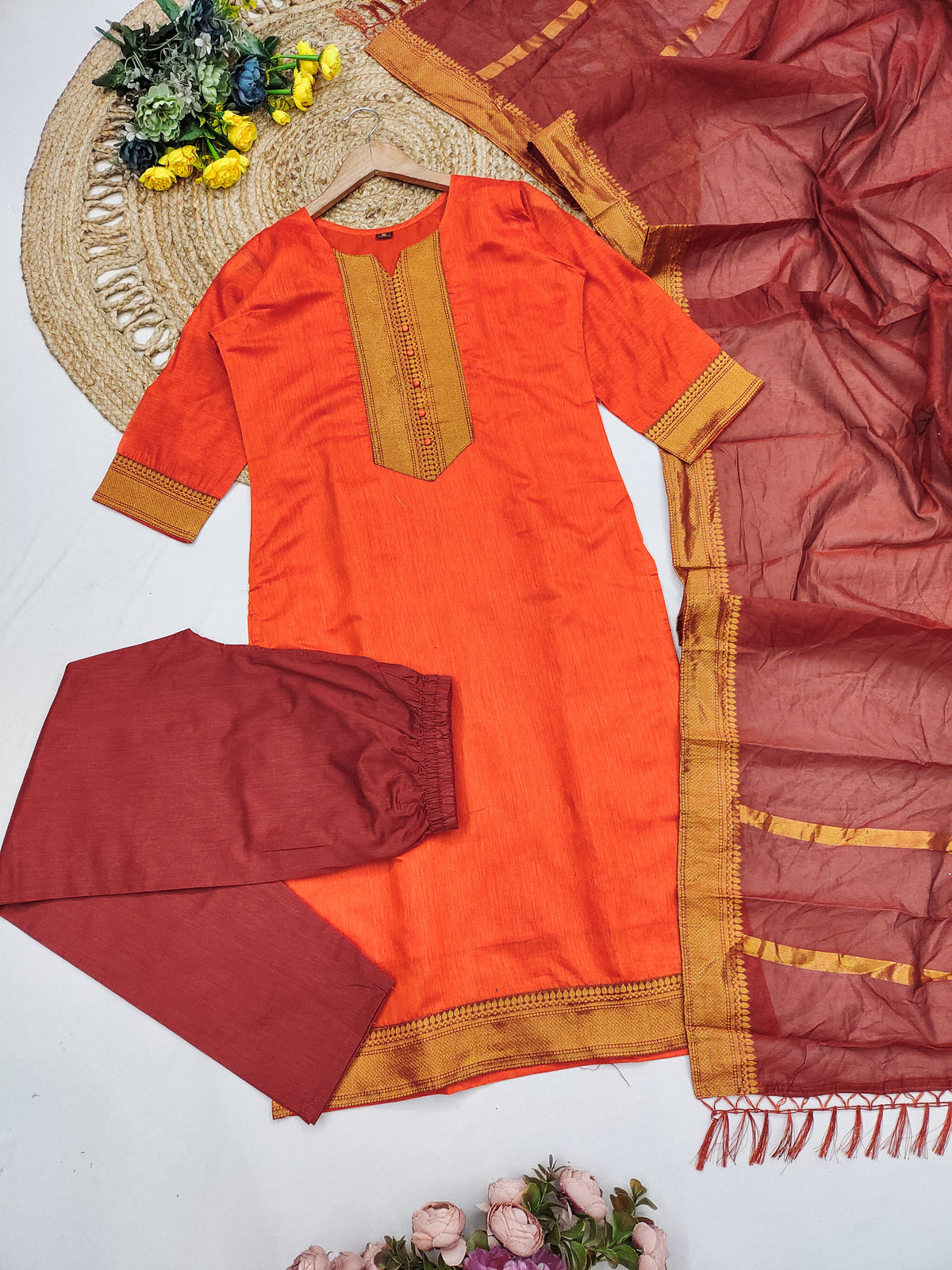 Fancy Kanchi Cotton Zari Work Orange & Red Kurti Set