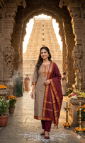 Fancy Kanchi Cotton Zari Work Standard Brown & Maroon Kurti Set