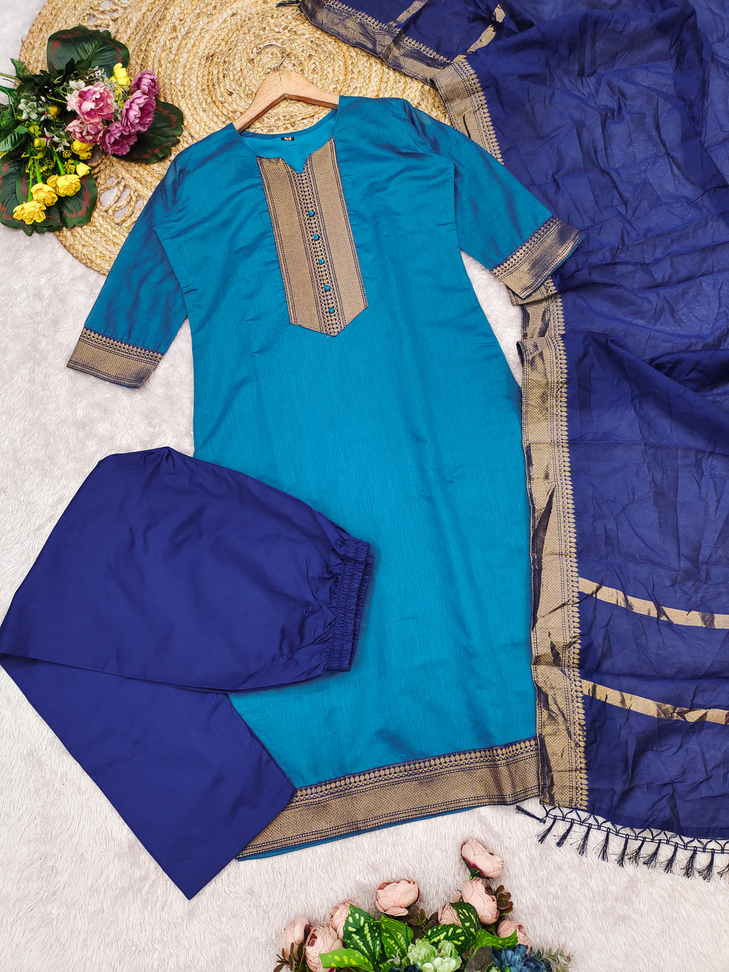 Fancy Kanchi Cotton Zari Work Blue & Sky Blue Kurti Set