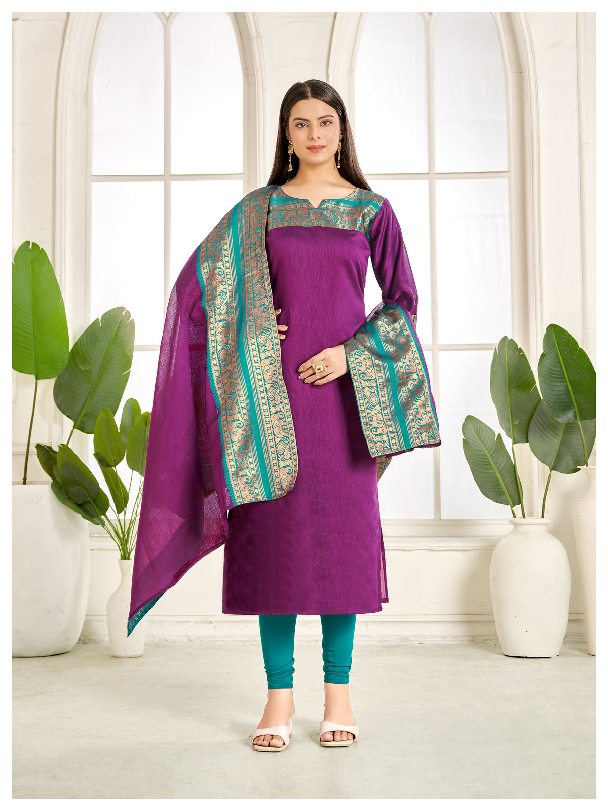 Meera Elegant Kanchi Cotton V-Neck Purple Kurti With Dupatta