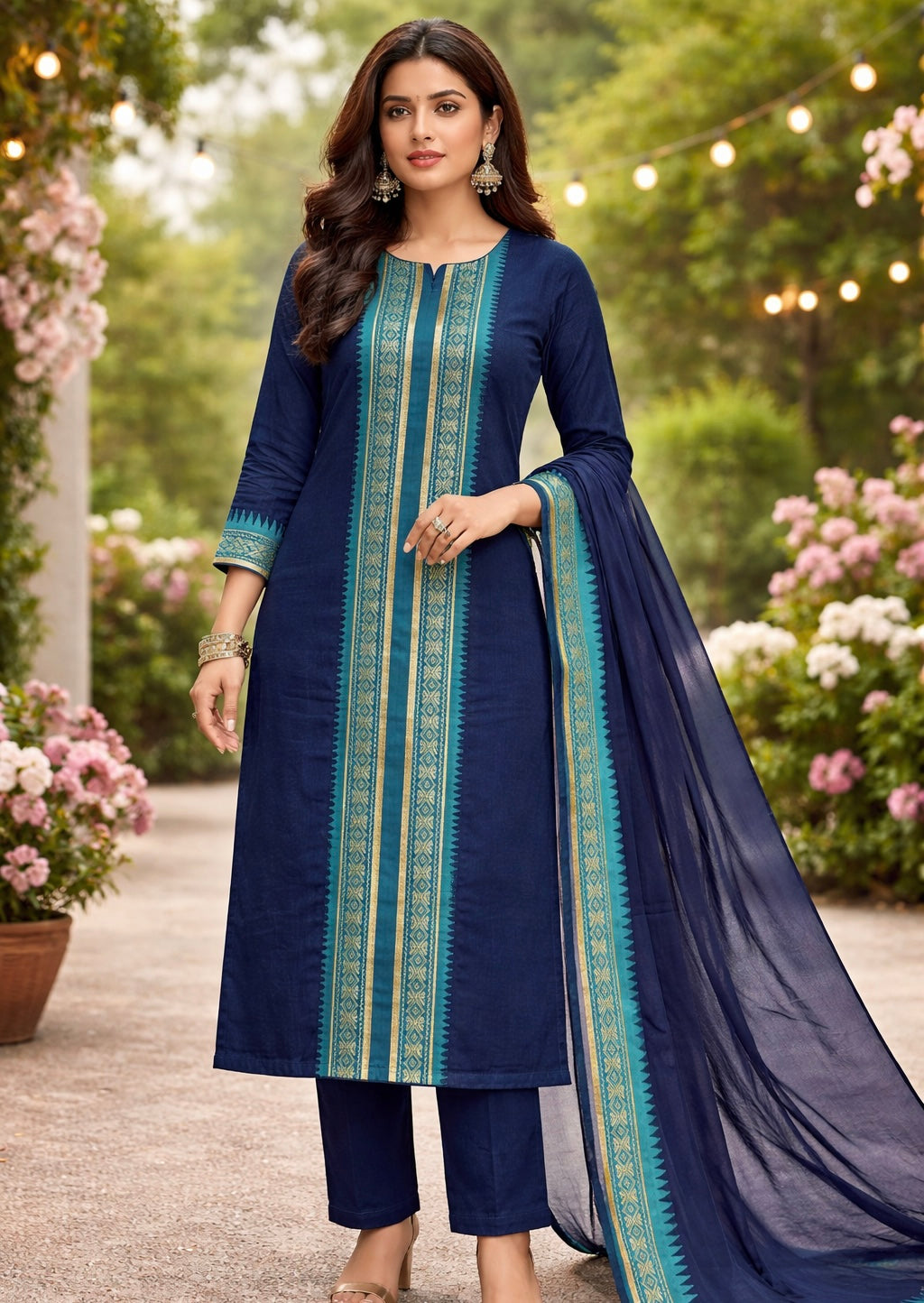 Elegant Straight Kanchi Cotton Blue Kurti With Dupatta