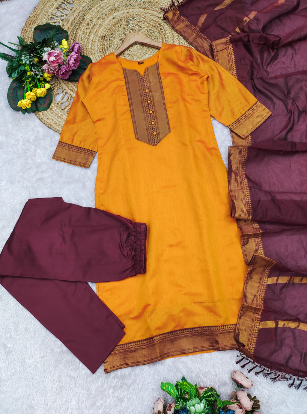 Fancy Kanchi Cotton Zari Work Gold & Maroon Kurti Set
