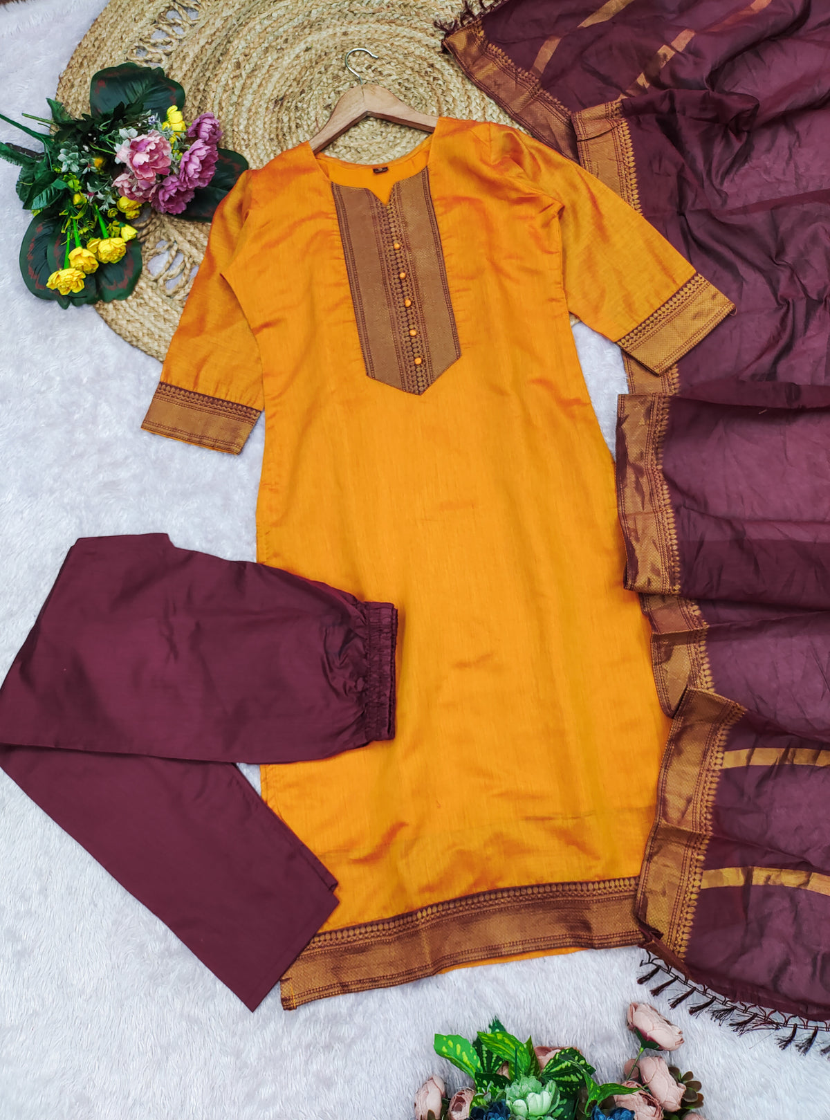 Fancy Kanchi Cotton Zari Work Gold & Maroon Kurti Set