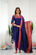 Meera Elegant Kanchi Cotton V-Neck Blue Kurti With Dupatta