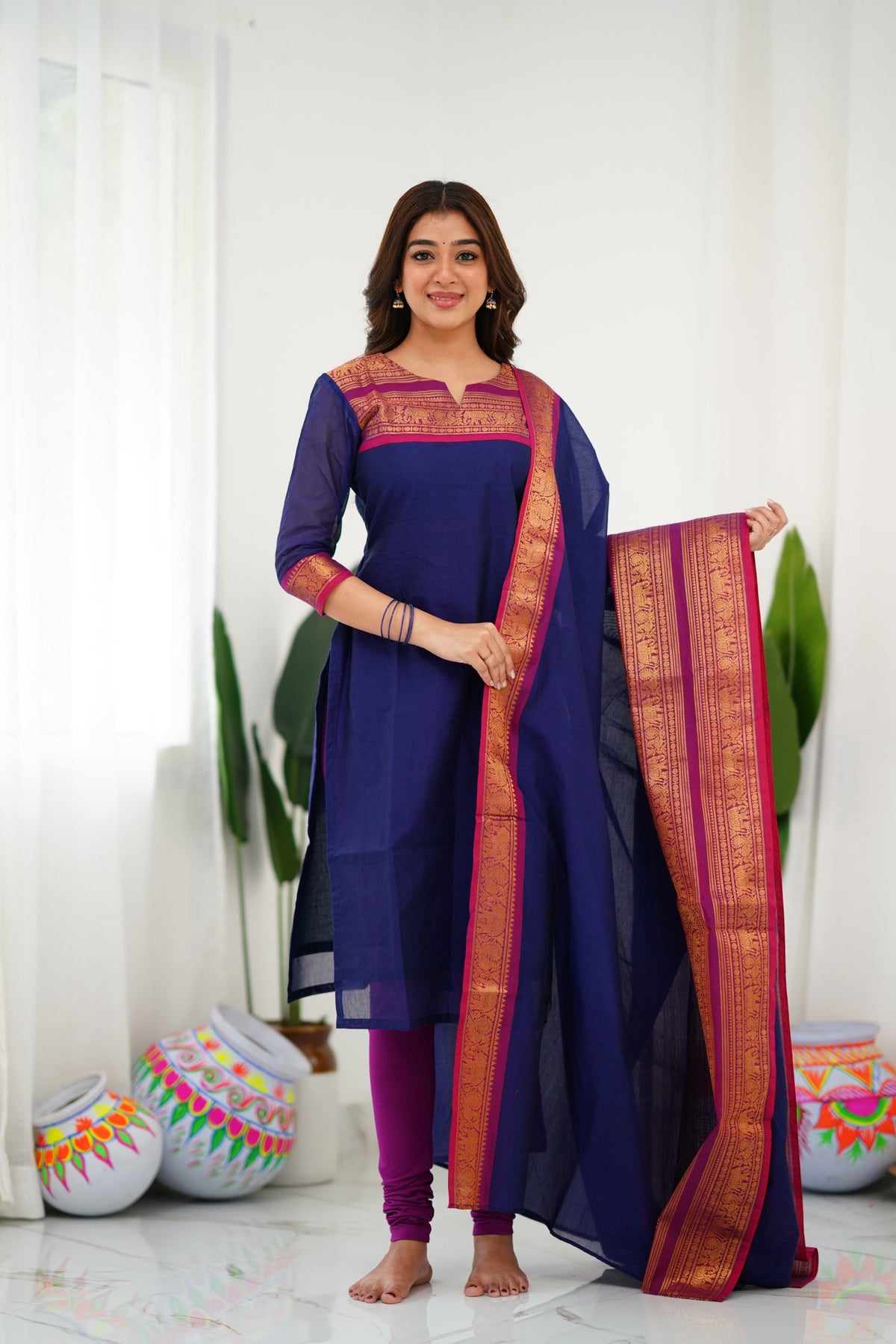 Meera Elegant Kanchi Cotton V-Neck Blue Kurti With Dupatta