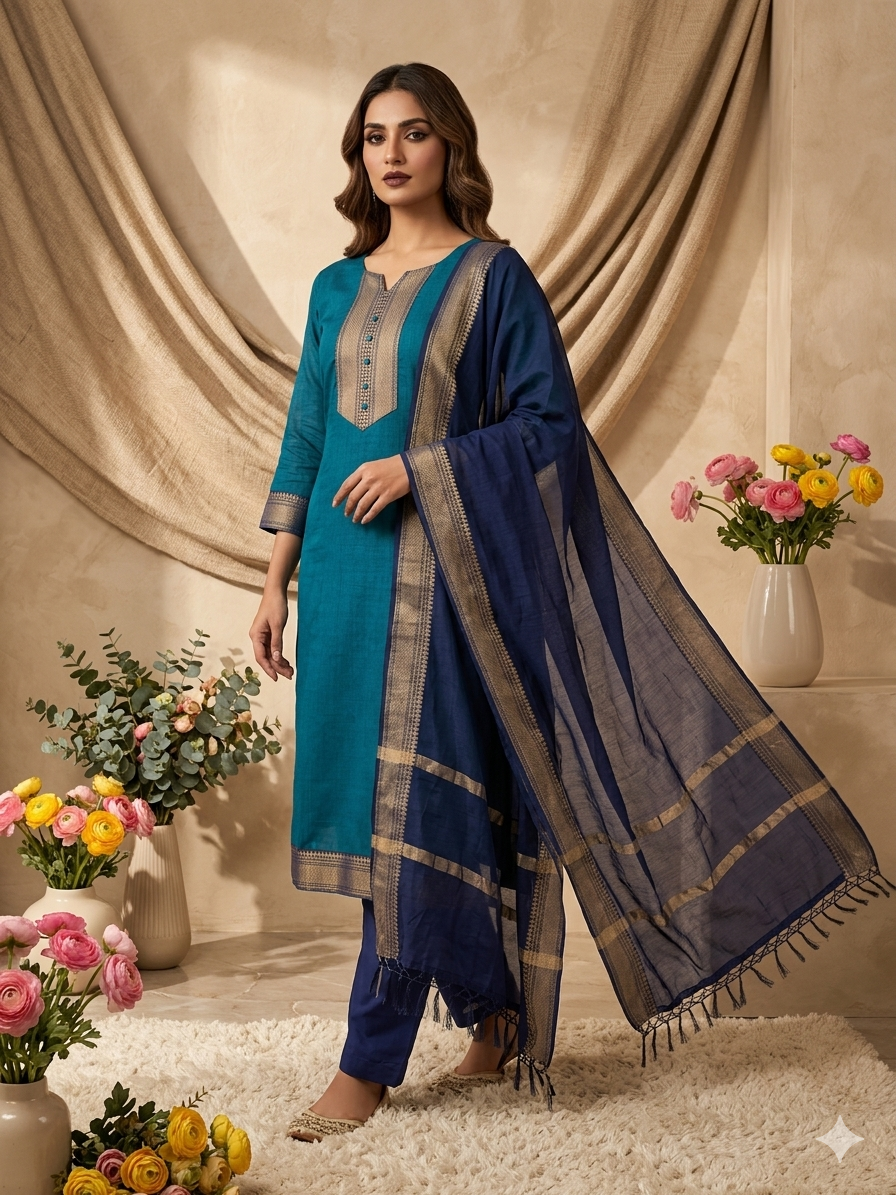 Fancy Kanchi Cotton Zari Work Blue & Sky Blue Kurti Set
