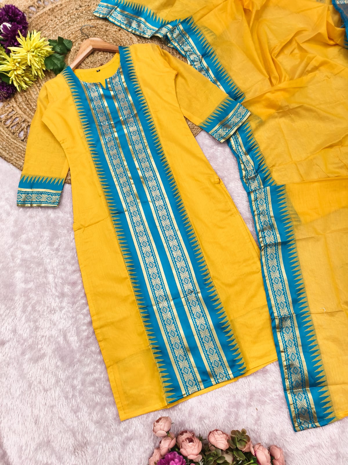 Elegant Straight Kanchi Cotton Yellow Kurti With Dupatta