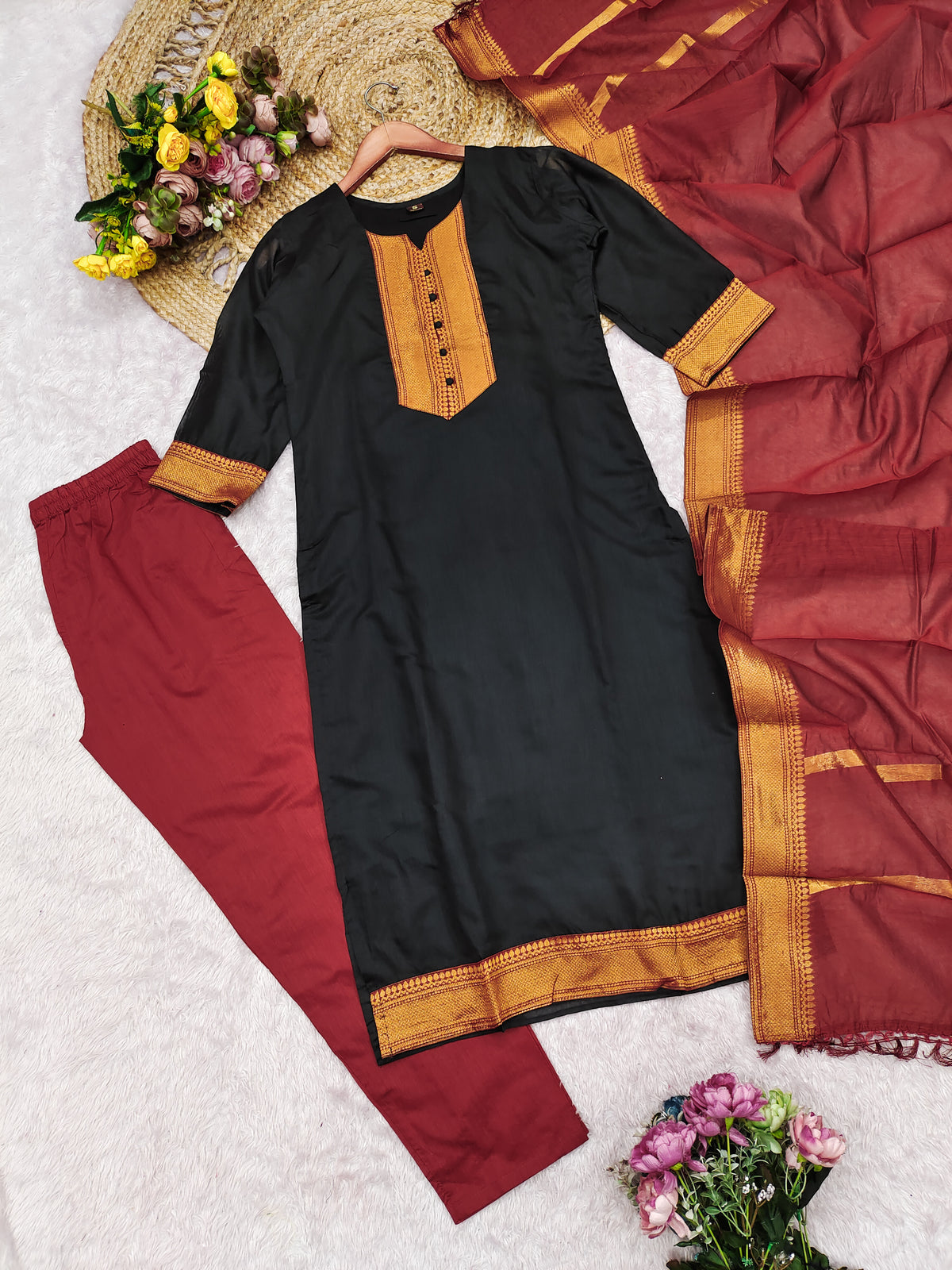 Fancy Kanchi Cotton Zari Work Black & Red Kurti Set