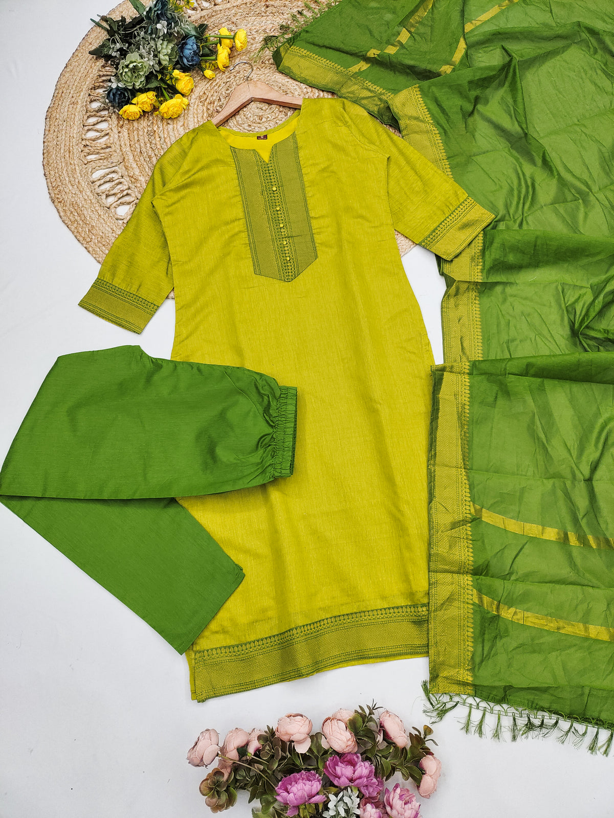 Fancy Kanchi Cotton Zari Work Lemon & Olive Kurti Set
