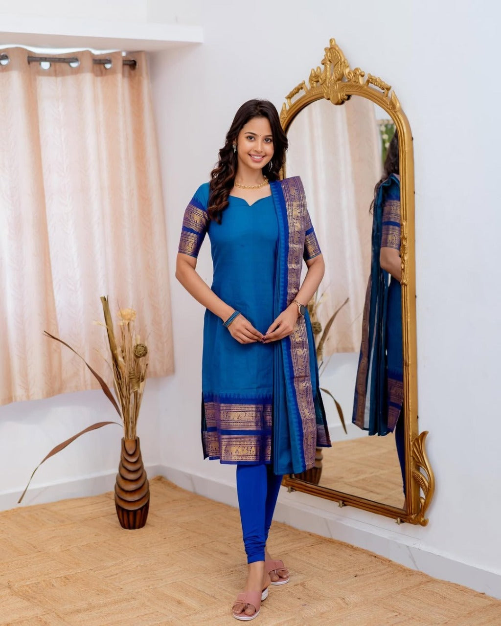 Sky Blue Elegant Kanchi Cotton V-Neck Kurti With Dupatta