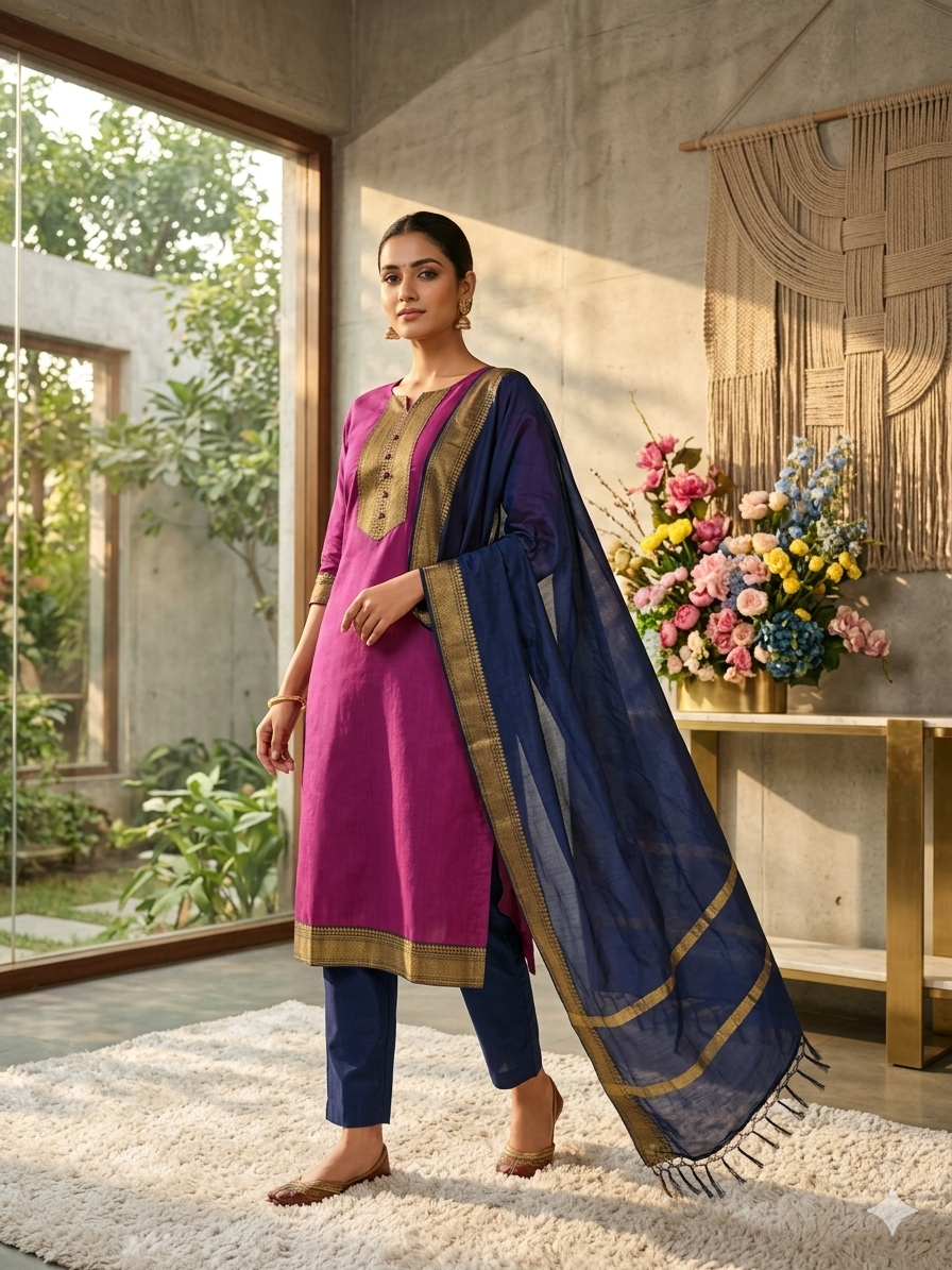 Fancy Kanchi Cotton Zari Work Pink & Blue Kurti Set
