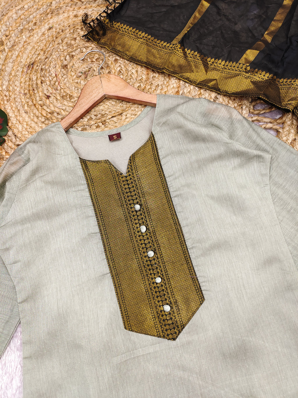 Fancy Kanchi Cotton Zari Work Cream & Black Kurti Set