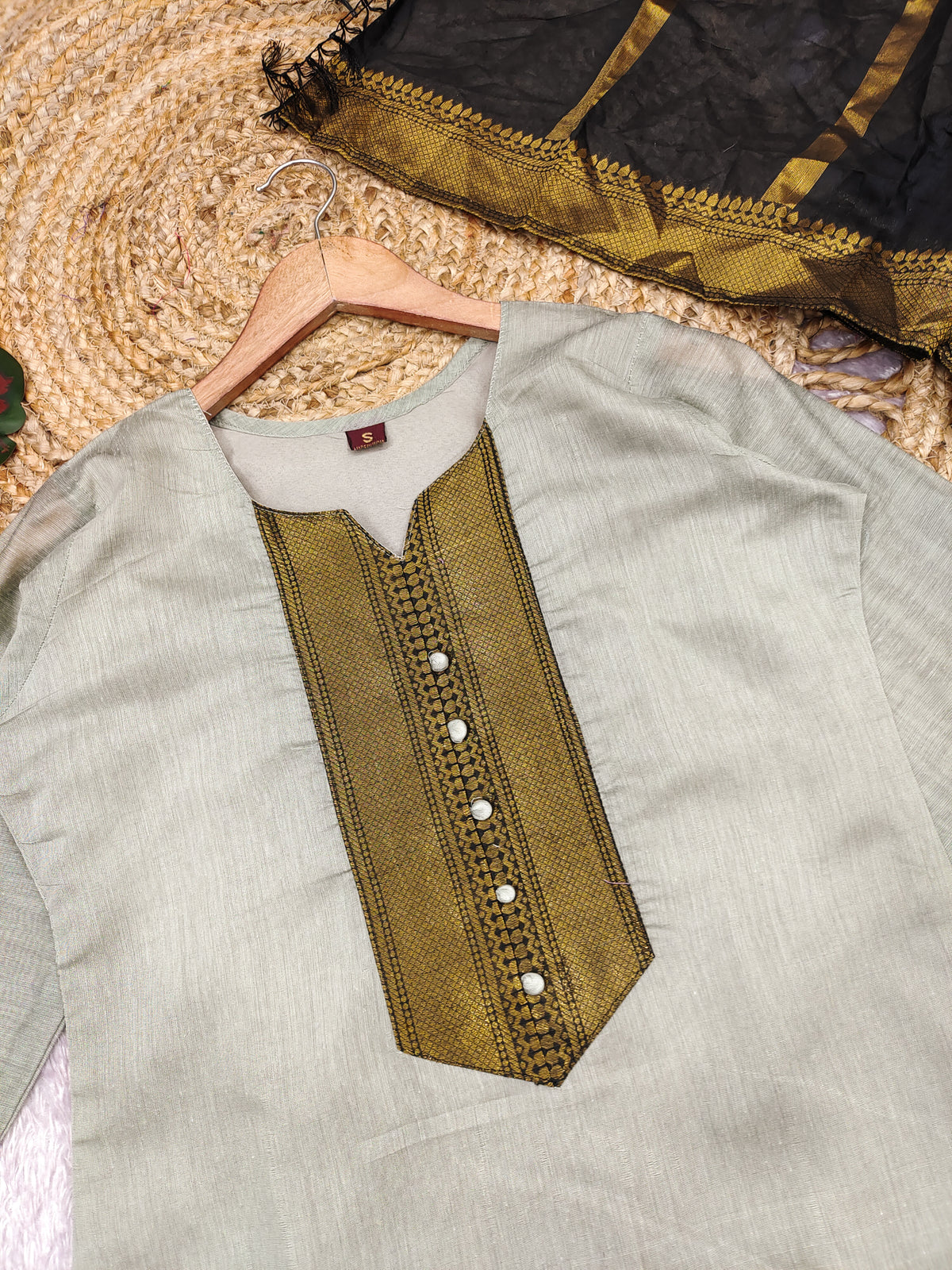 Fancy Kanchi Cotton Zari Work Cream & Black Kurti Set